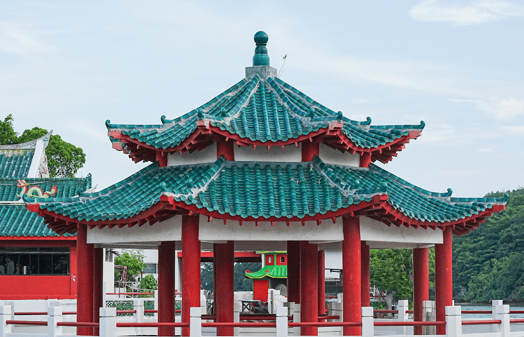 Da Bo Gong temple pavilion with green tiled roof on Kusu Island, Singapore.
