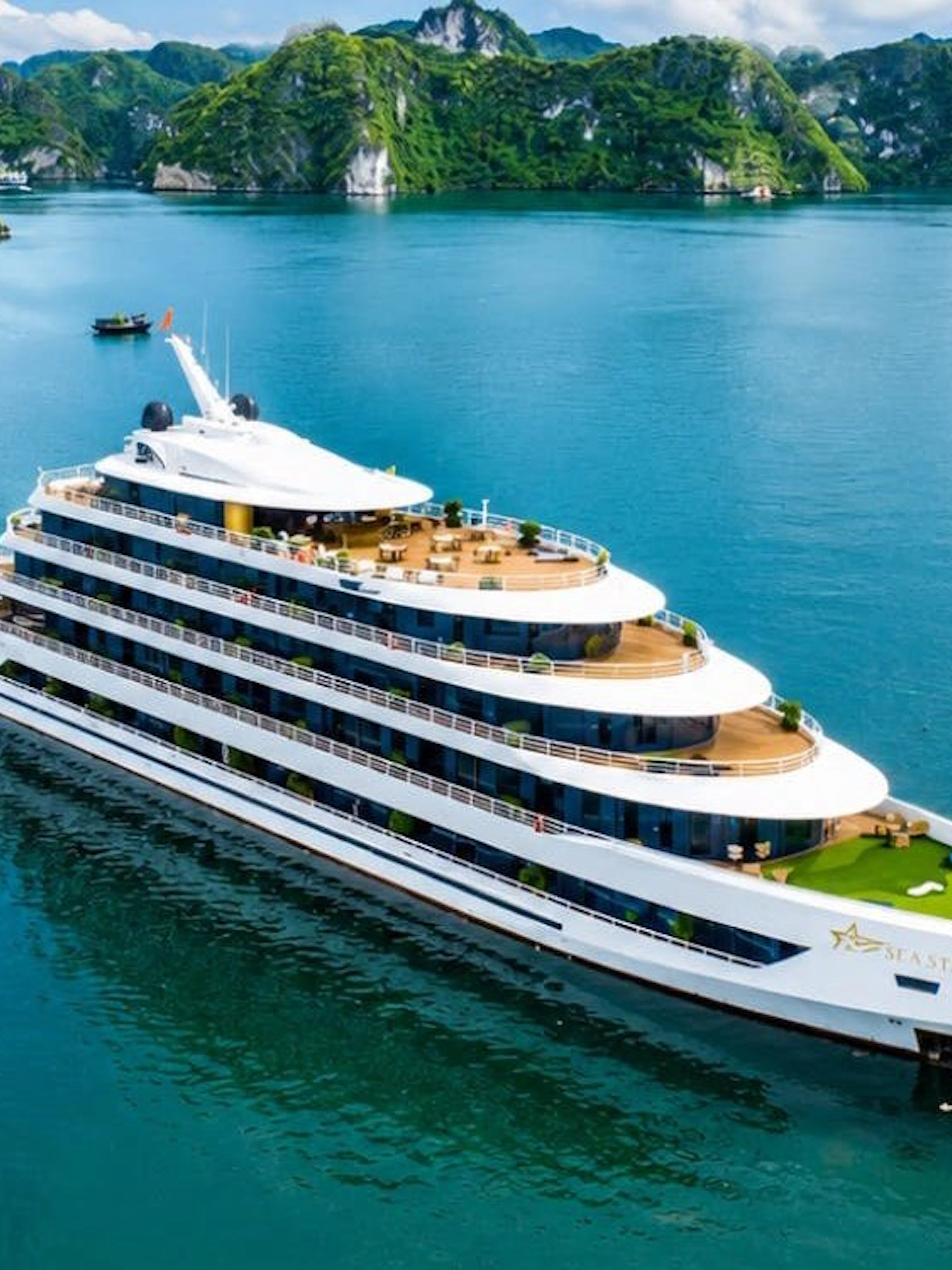 Luxury cruise ship in Ha Long Bay with lush islands in the background.