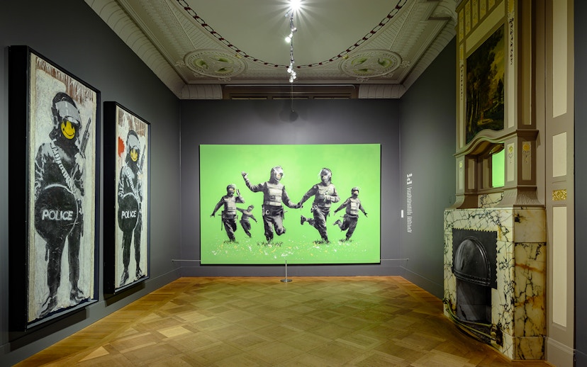 Banksy artworks displayed at Moco Museum, Amsterdam.