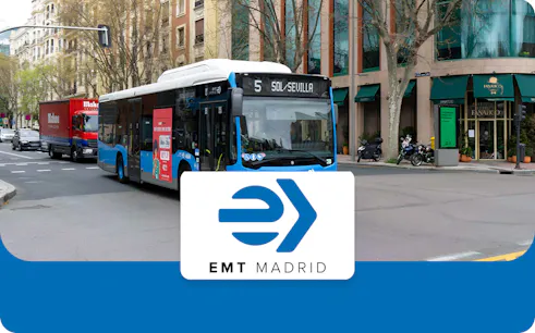 EMT Madrid bus on city street, route to Sol/Sevilla.