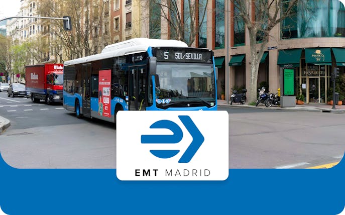 EMT Madrid bus on city street, route to Sol/Sevilla.