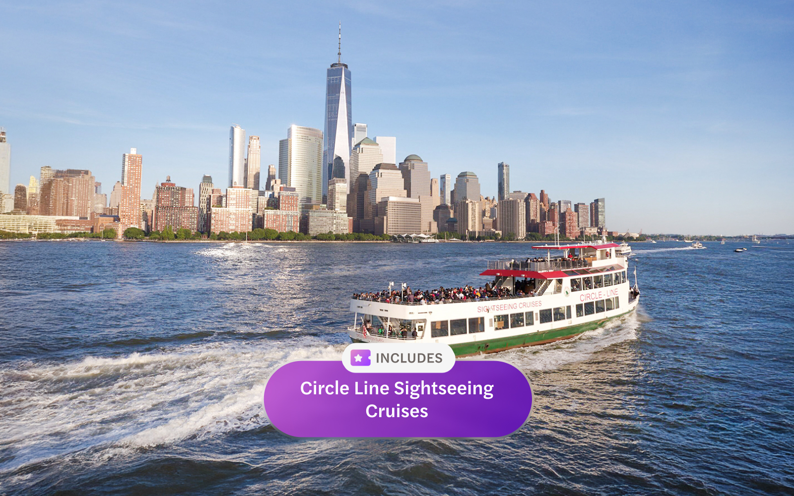 Circle Line cruise with New York City skyline in the background.