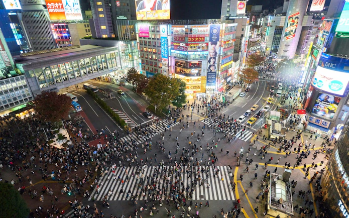 Crowds at Shibuya Crossing in Tokyo during the Shibuya Sky, Cat Street, and Meiji Shrine tour.