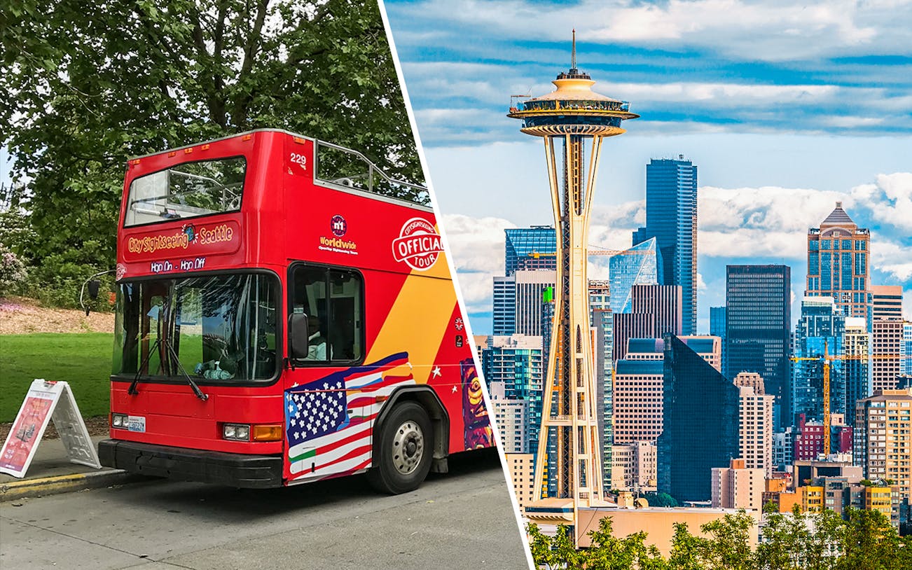 Seattle hop-on hop-off bus and Space Needle skyline.