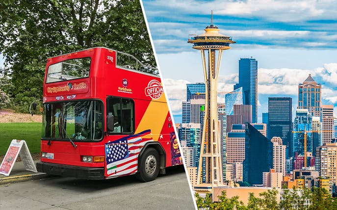 Seattle hop-on hop-off bus and Space Needle skyline.