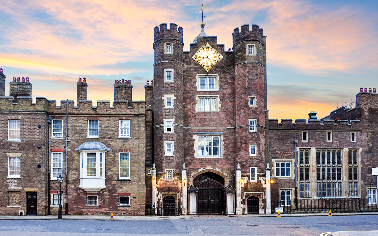 St. James's Palace on Pall Mall Street at sunset, London.