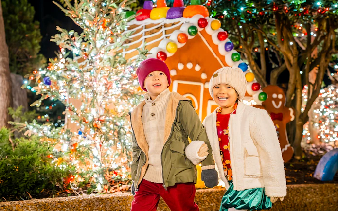 Children enjoying Christmas lights and gingerbread house at Christmas Town, Busch Gardens Williamsburg.