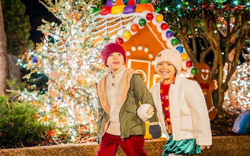 Children enjoying Christmas lights and gingerbread house at Christmas Town, Busch Gardens Williamsburg.