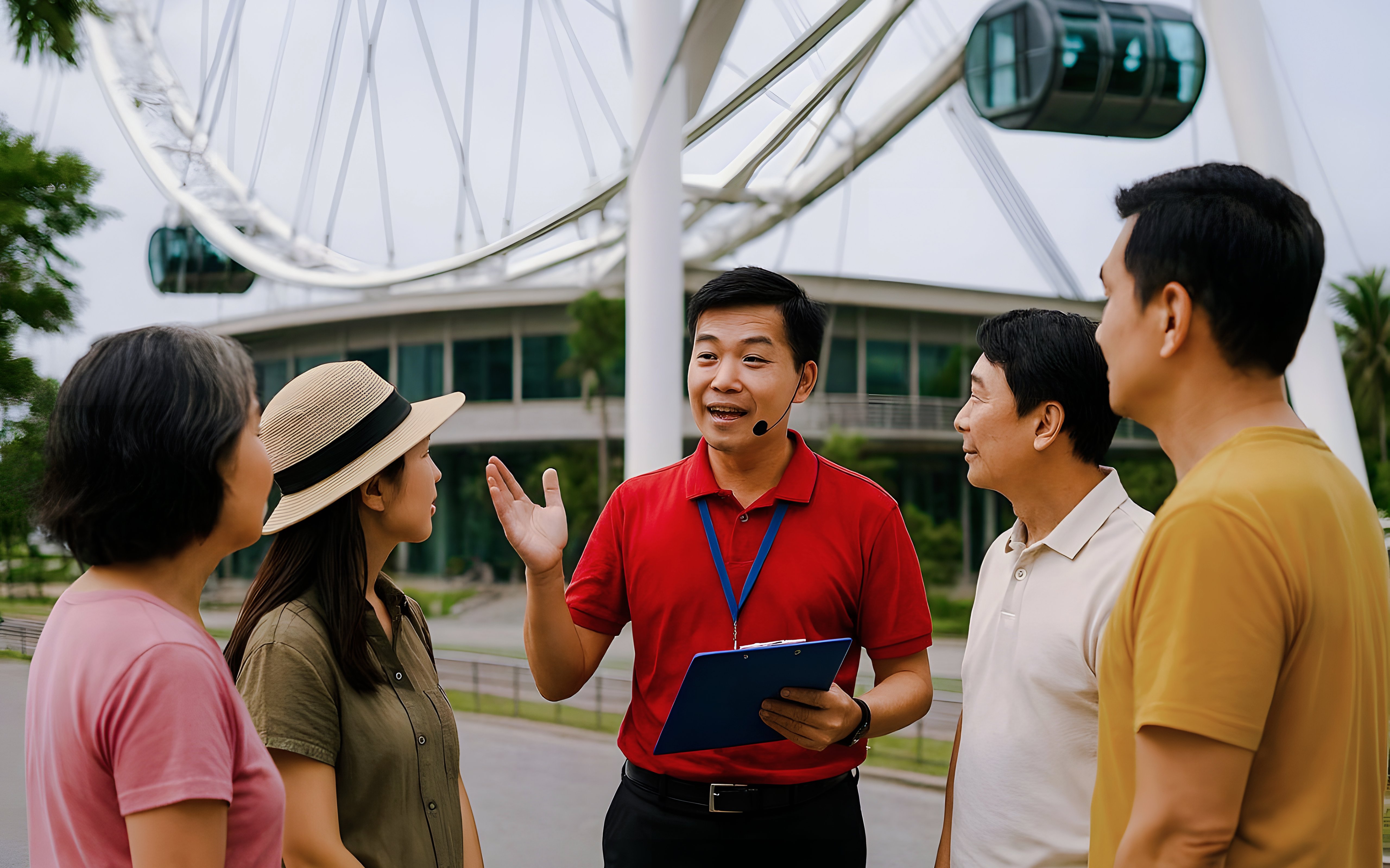 Guide explaining to tourists near the Singapore Flyer, Singapore.