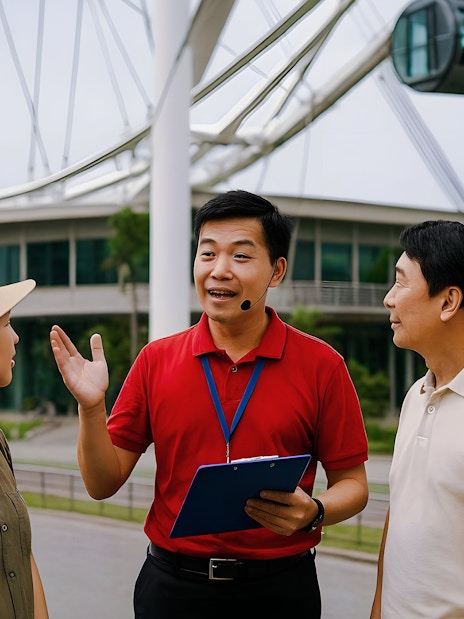 Guide explaining to tourists near the Singapore Flyer, Singapore.