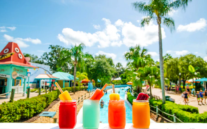 Colorful drinks with popsicles at Adventure Island, Tampa, with a water park and palm trees in the background.