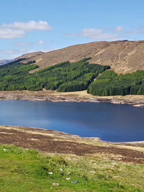 Loch Loyne with surrounding hills and forests in the Northwest Highlands of Scotland.