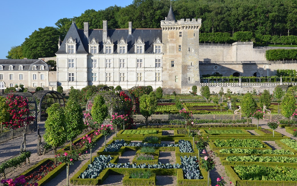 Château of Villandry with formal gardens and topiary in Loire Valley, France.