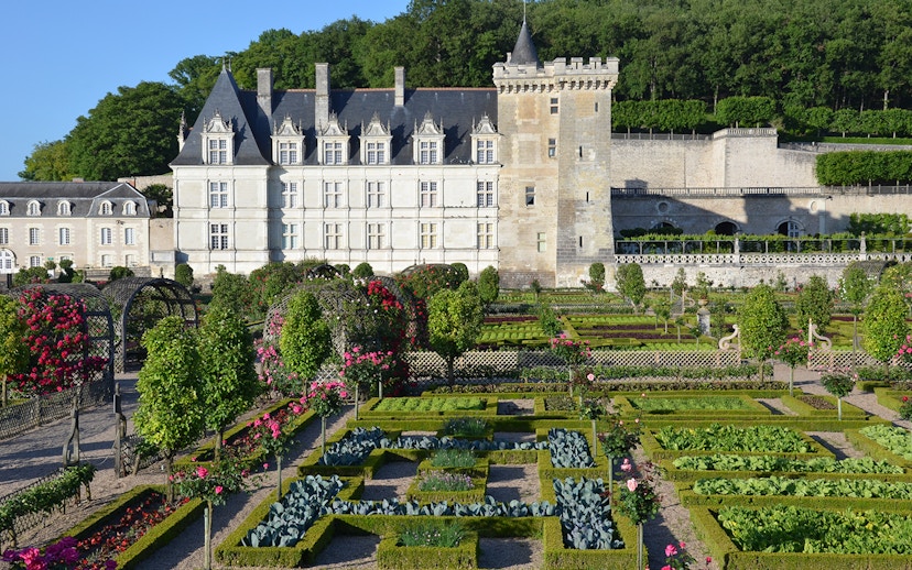 Château of Villandry with formal gardens and topiary in Loire Valley, France.