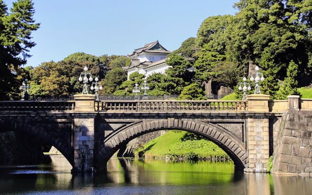Canal and bridge near Imperial Palace Tokyo with surrounding greenery.