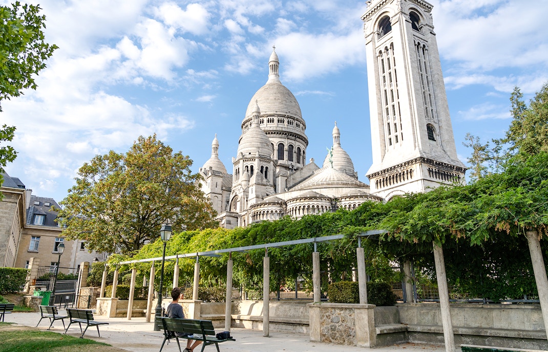 Sacre-Coeur Basilica viewed from Square Marcel Bleustein Blanchet, Montmartre, Paris.