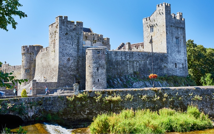 Blarney Castle stone walls and towers with surrounding greenery in County Cork, Ireland.