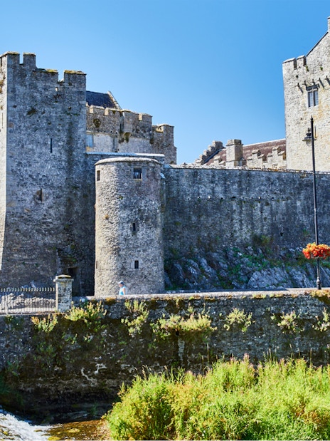 Blarney Castle stone walls and towers with surrounding greenery in County Cork, Ireland.