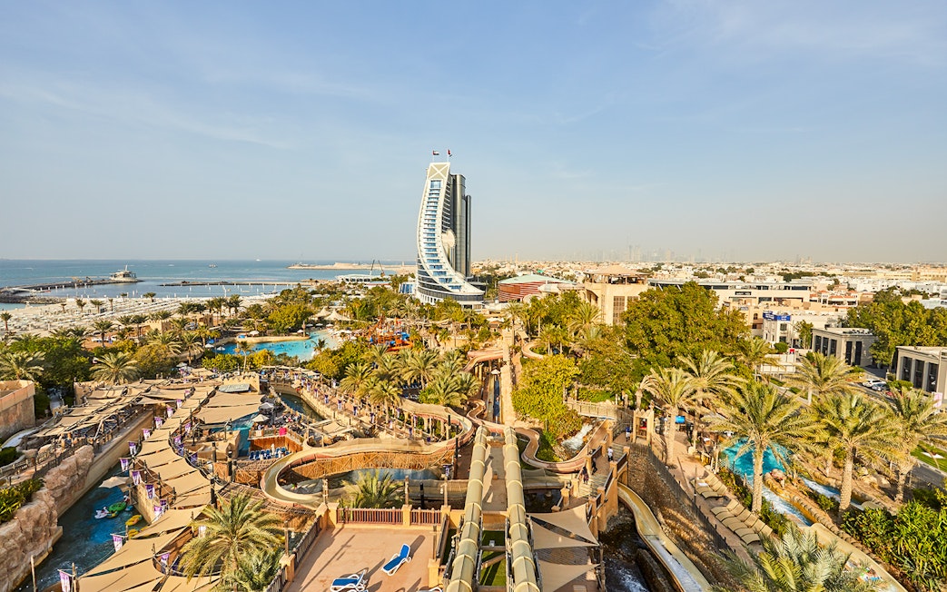 Wild Wadi Waterpark view with Burj Al Arab in the background, Dubai.