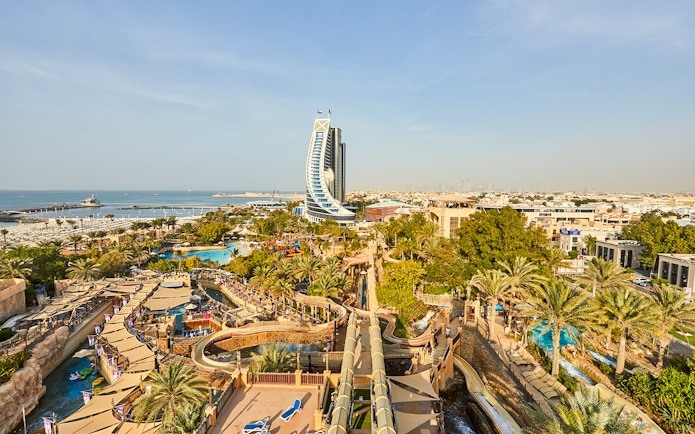 Wild Wadi Waterpark view with Burj Al Arab in the background, Dubai.