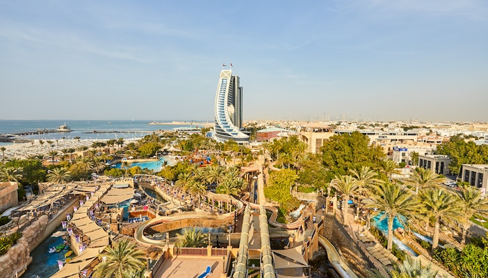 Burj Khalifa view with Wild Wadi Waterpark, includes café pastry and coffee offer.