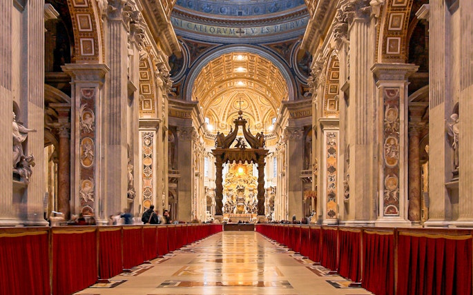 Bernini's Baldacchino under the dome of St. Peter's Basilica, Vatican City.