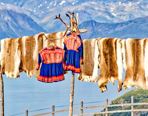 Traditional Sámi clothing and reindeer hides drying in Lapland.