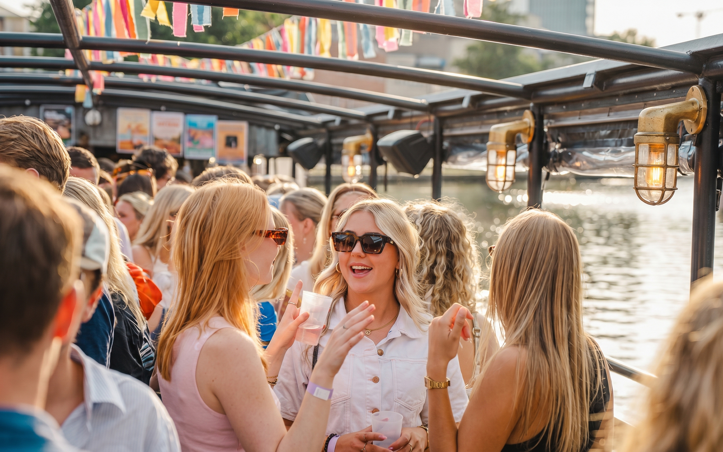 Guests enjoying a lively terrace boat party on a river with colorful decorations.