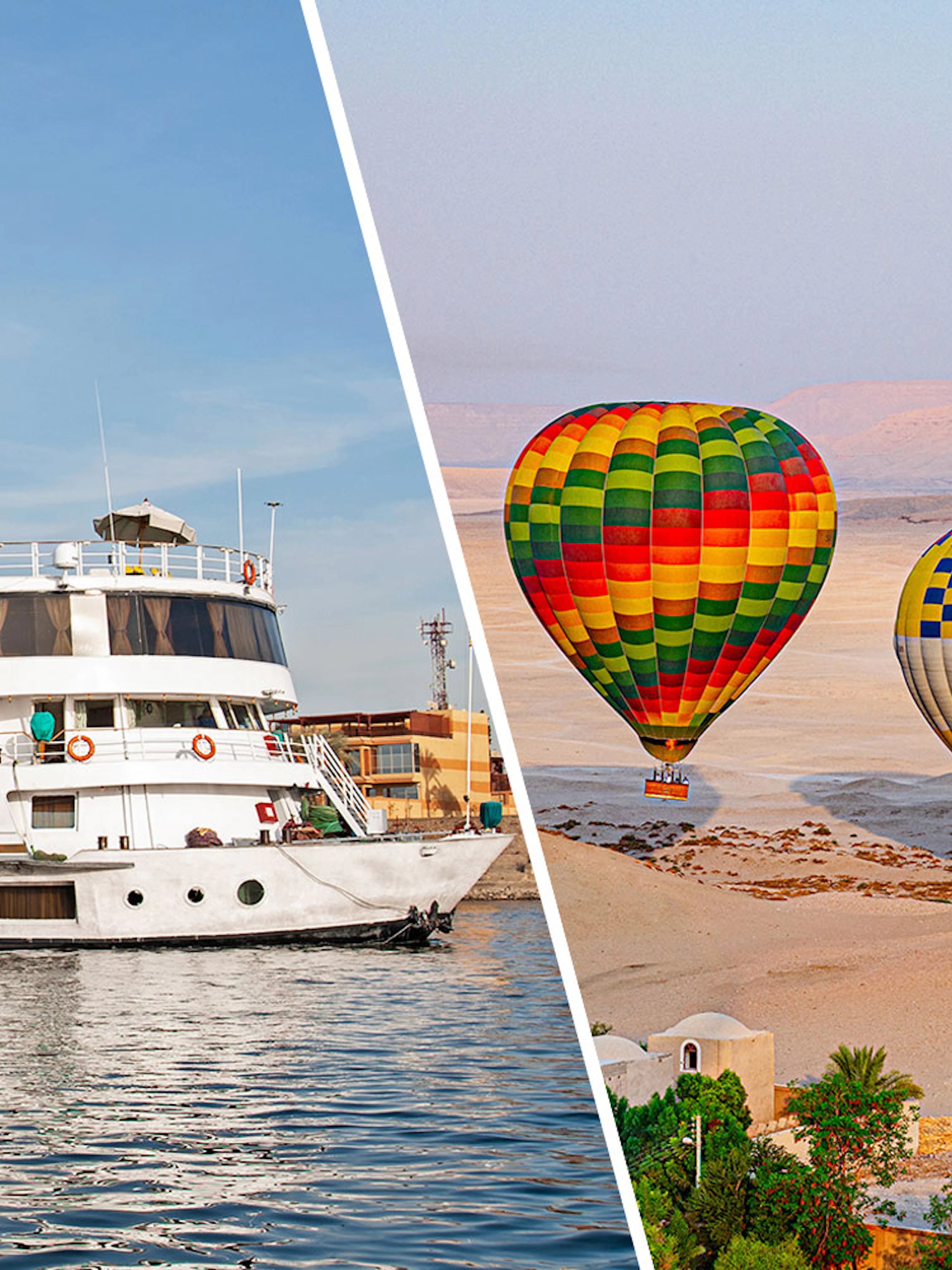 Large cruise boat on Nile River and hot air balloons over Egyptian desert.
