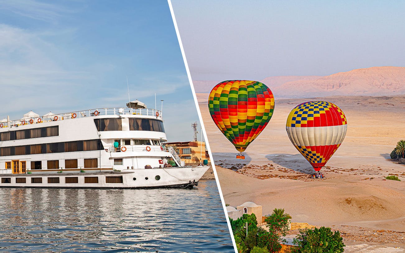 Large cruise boat on Nile River and hot air balloons over Egyptian desert.