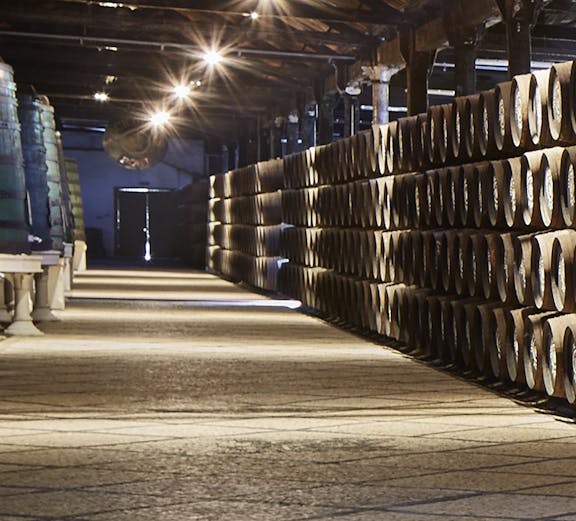 Barrels aging in Cockburn's Port Lodge cellar, Porto, Portugal.