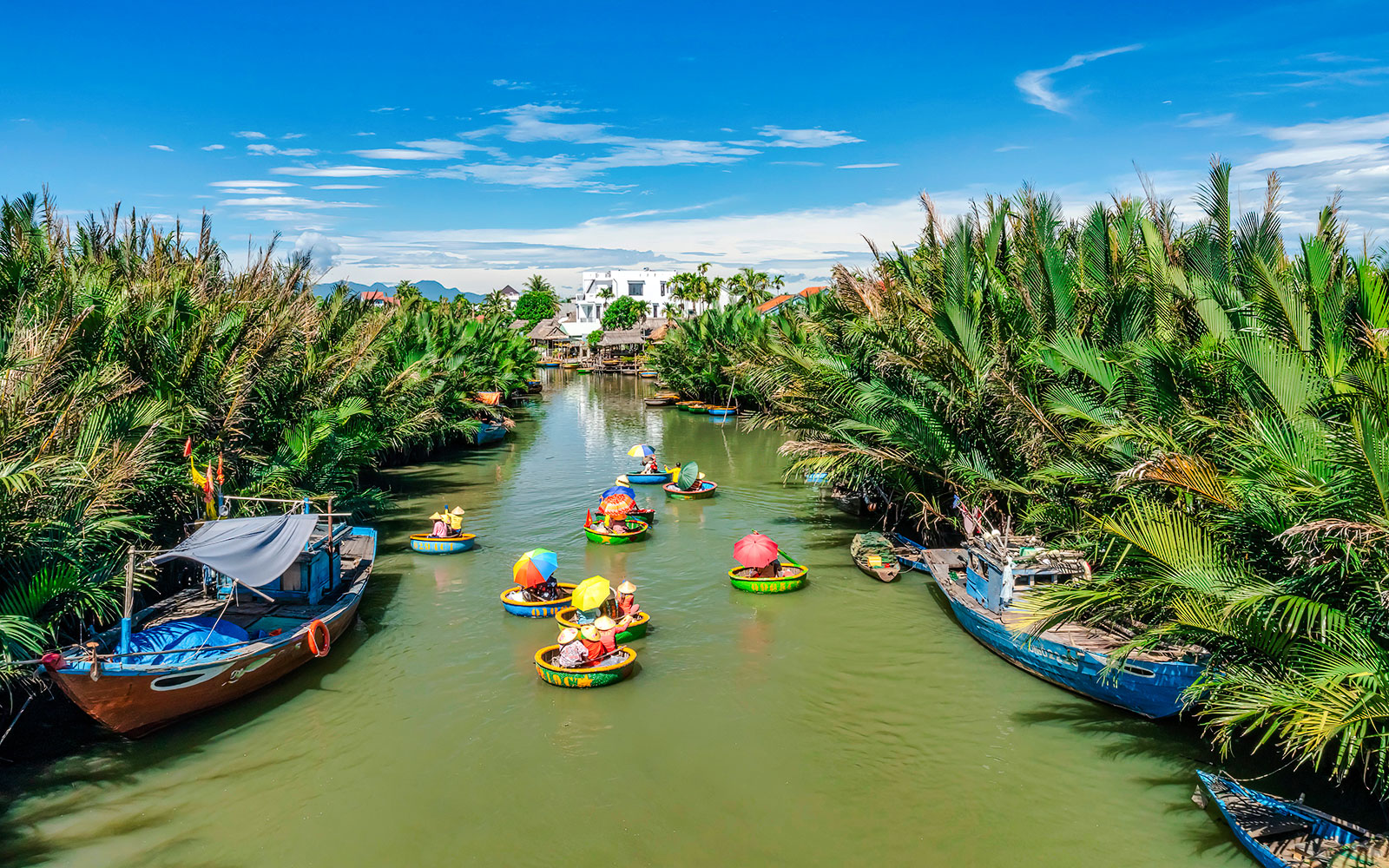 People in round bamboo boats on a river in Cam Thanh Village, surrounded by lush greenery.