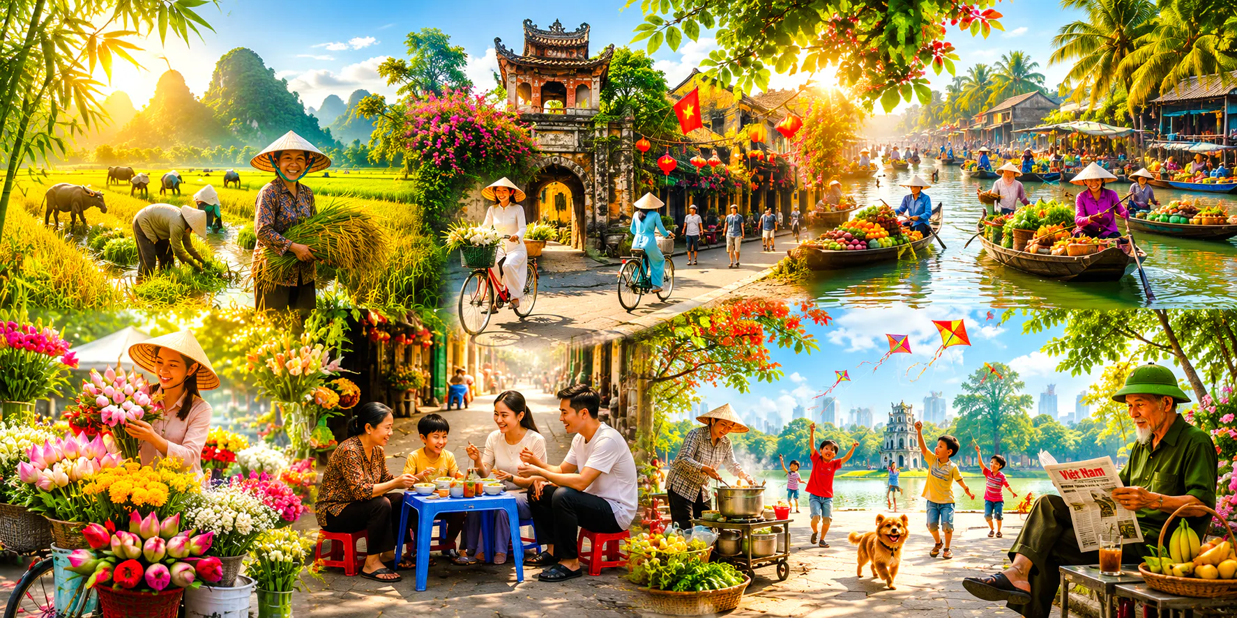Floating market in Vietnam, cyclists near ancient gate, family dining street food, children flying kites in Hanoi park.