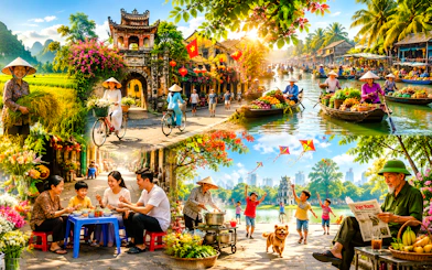 Floating market in Vietnam, cyclists near ancient gate, family dining street food, children flying kites in Hanoi park.