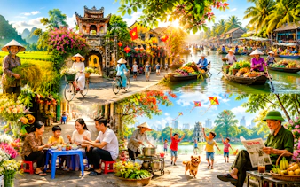 Floating market in Vietnam, cyclists near ancient gate, family dining street food, children flying kites in Hanoi park.