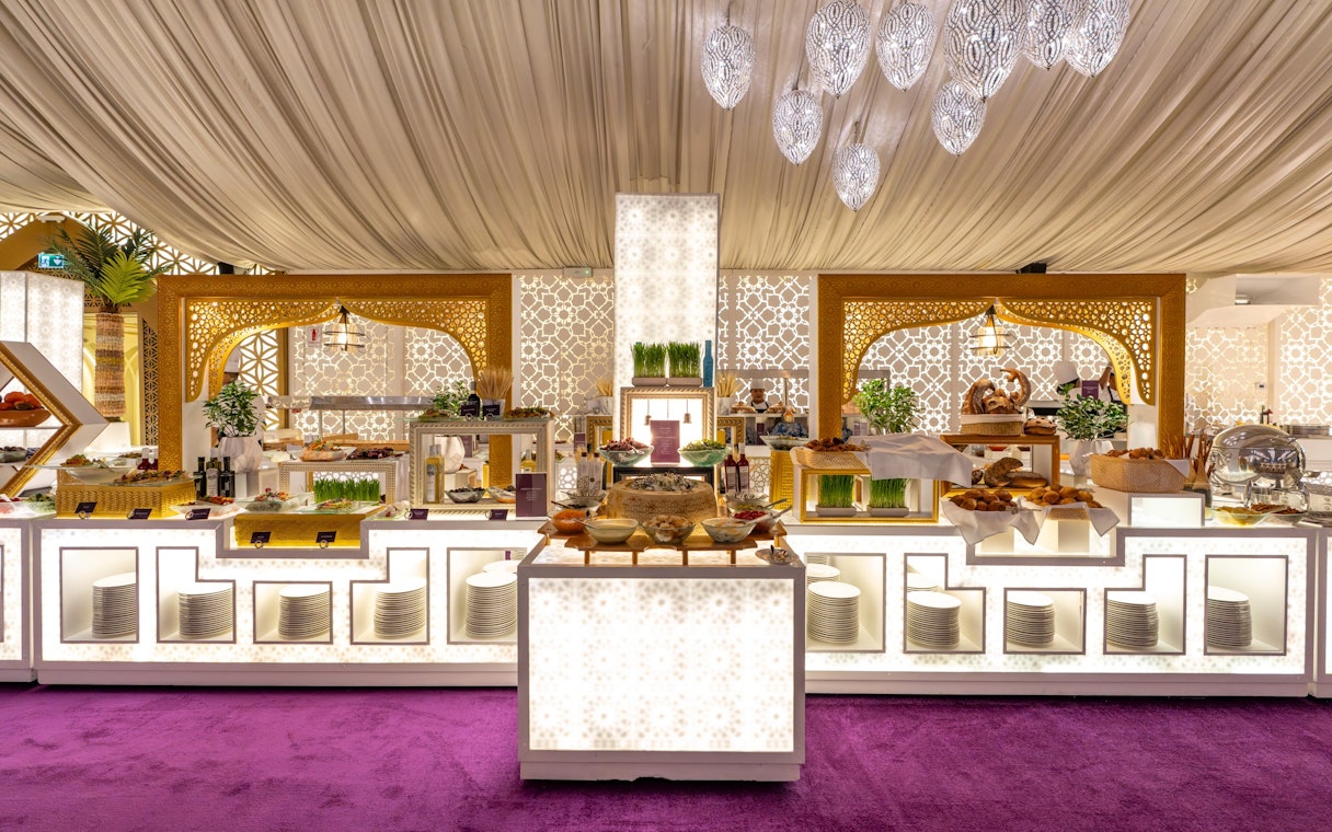 Buffet setup at Asateer tent for Iftar and Suhoor, Atlantis The Palm, Dubai.