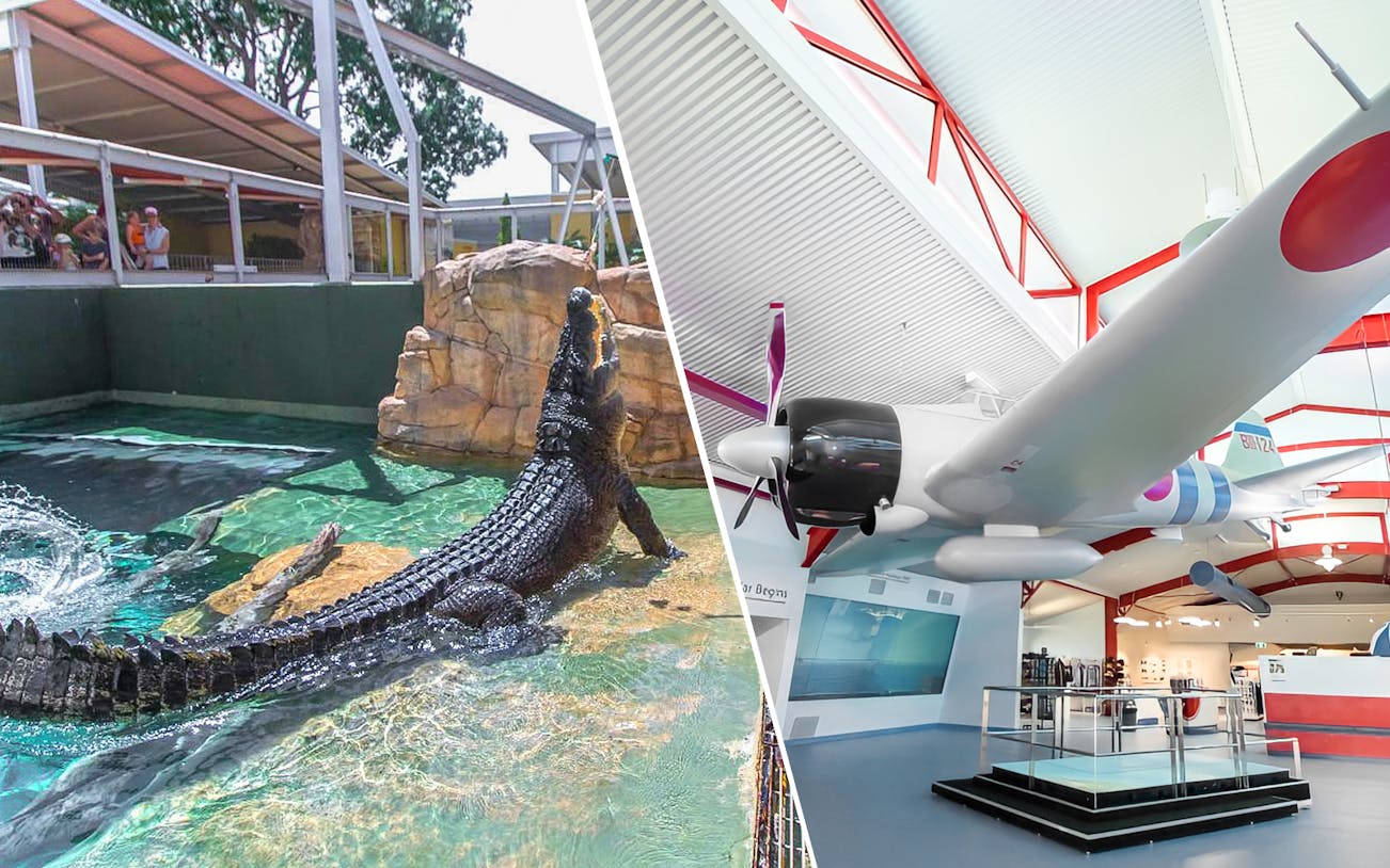 Crocodile in water at Crocosaurus Cove, Darwin, and a historic aircraft display indoors.