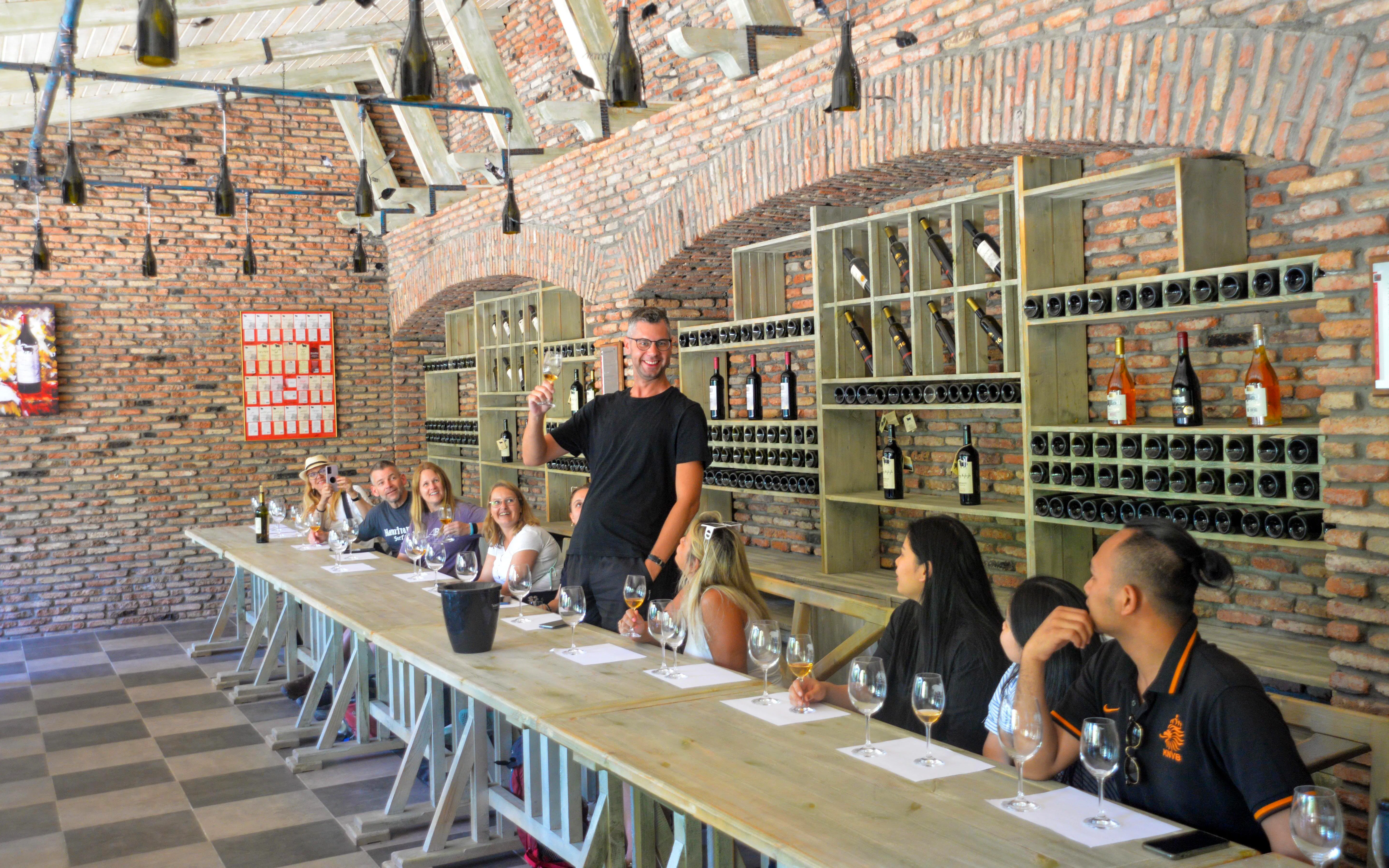 Wine tasting session in Kakheti Wine Region, Tbilisi, with participants seated at a long table.