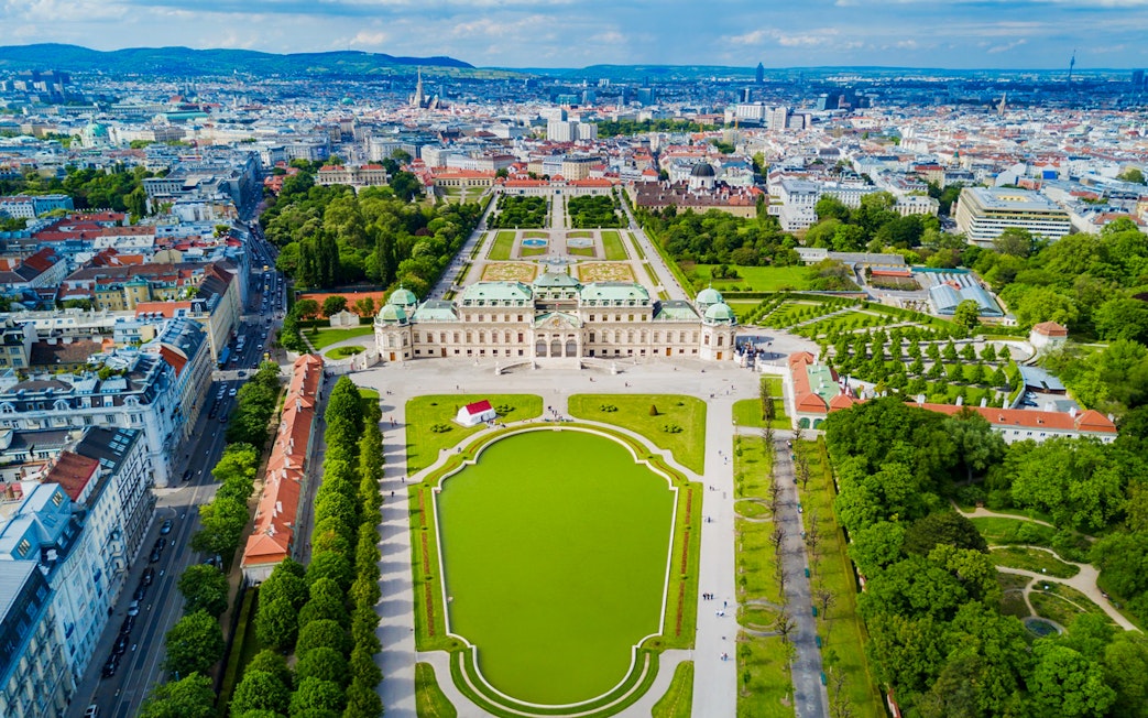 Aerial view of Upper Belvedere Palace and gardens in Vienna, Austria.
