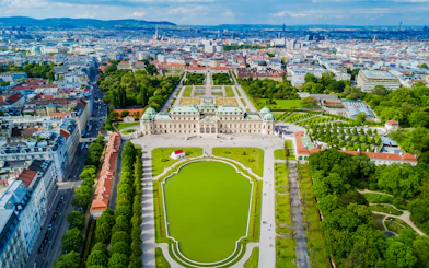 Aerial view of Upper Belvedere Palace and gardens in Vienna, Austria.