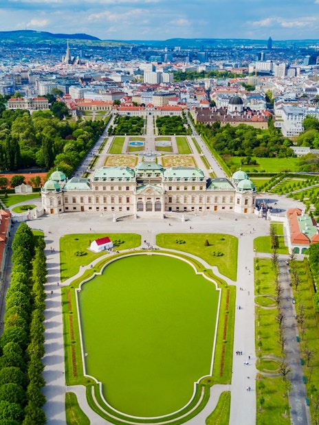 Aerial view of Upper Belvedere Palace and gardens in Vienna, Austria.