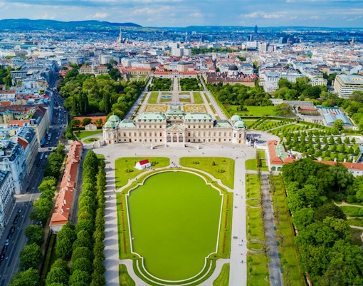 Aerial view of Upper Belvedere Palace and gardens in Vienna, Austria.