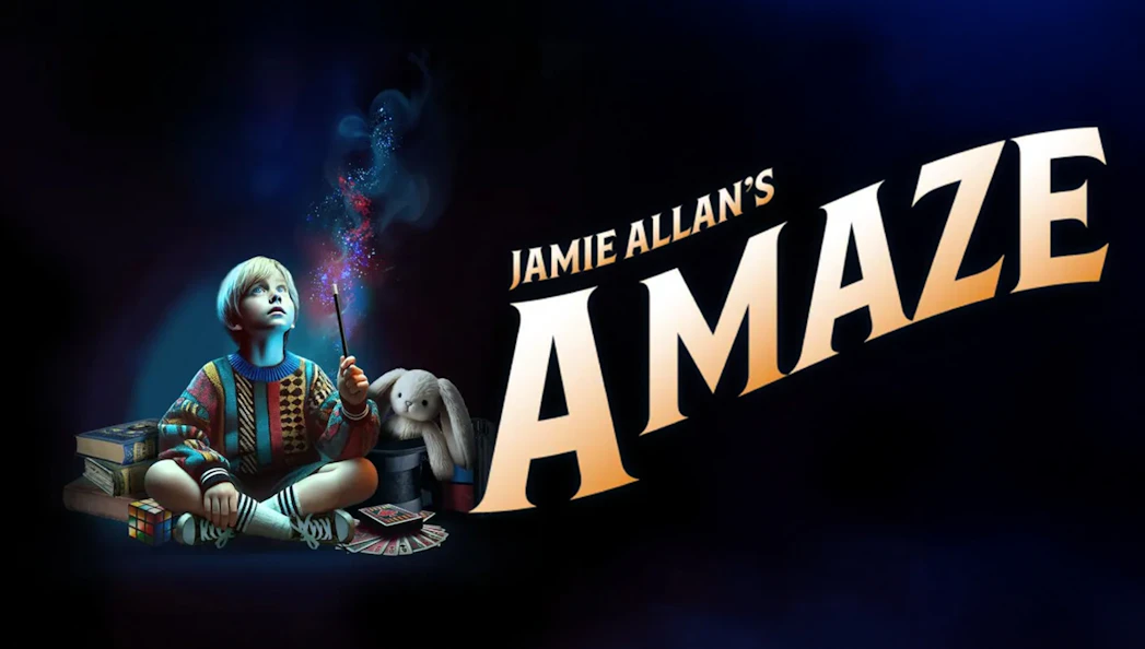 Child holding a wand with magical sparkles, promoting Jamie Allan's Amaze show.