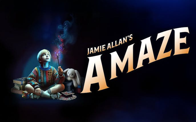 Child holding a wand with magical sparkles, promoting Jamie Allan's Amaze show.