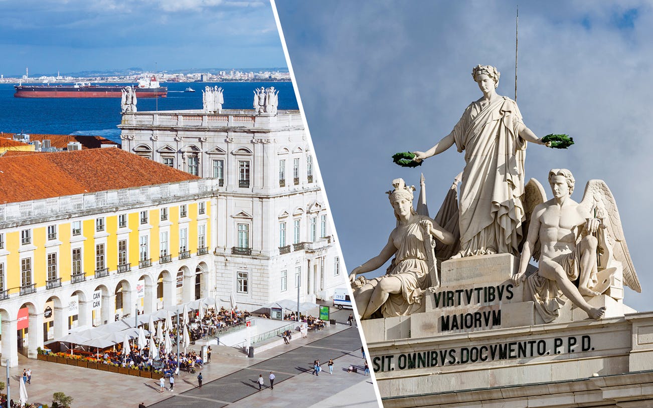 Lisboa Story Centre and Rua Augusta Arch statues with cityscape and ocean view.