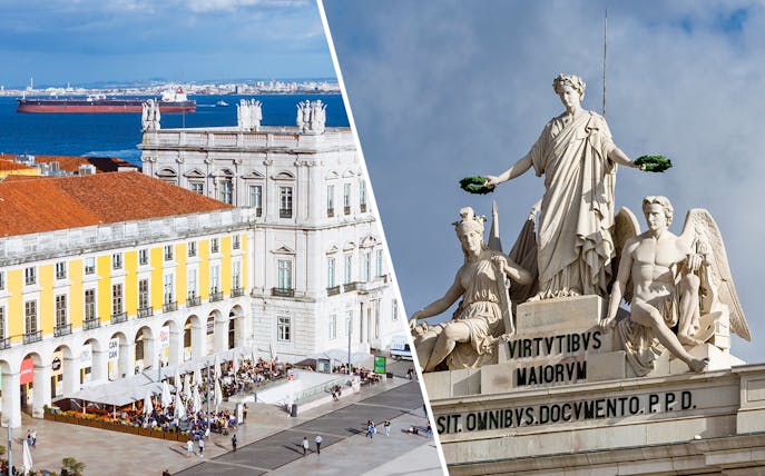 Lisboa Story Centre and Rua Augusta Arch statues with cityscape and ocean view.