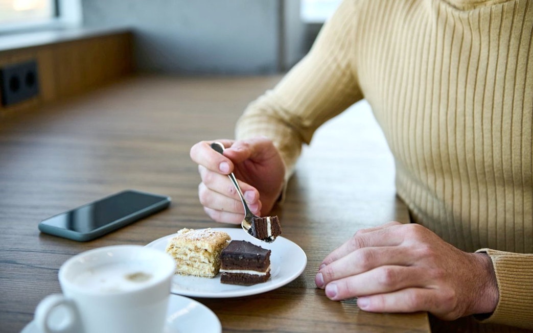 Dessert and coffee at Plaza Premium First Lounge, Rome Fiumicino Airport Terminal 1.