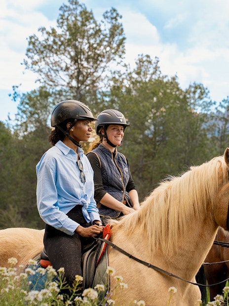 Tourists on horseback with a guide in Montserrat, surrounded by lush greenery.