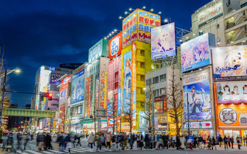 Akihabara street scene with anime billboards and crowds, Tokyo, Japan.