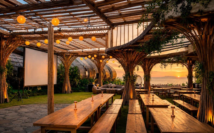 Outdoor seating area at Luna Beach Club with ocean view at sunset.